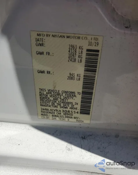 2020 Nissan Altima Sr z USA, uszkodzony, nr VIN 1N4BL4CV9LN308554